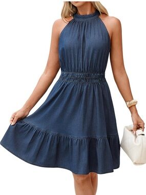 BerryGo Halter Neck Blue Sundress with Smocked Waist NWT LARGE